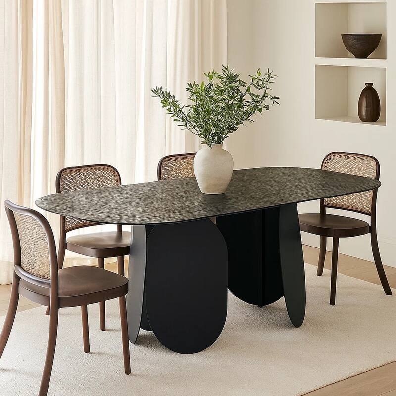 Cid Max Dining Table, Black Hammered Glass, Iron Frame, 79 Inch - Gray, Black