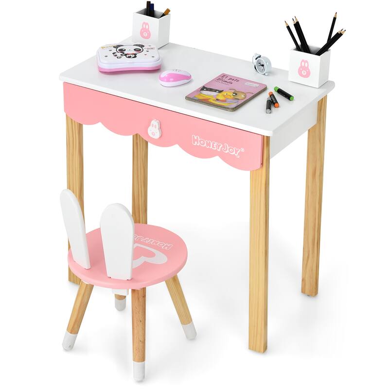 Costway Kids Vanity Set Rabbit Makeup Dressing Table Chair Set W/ - See Details