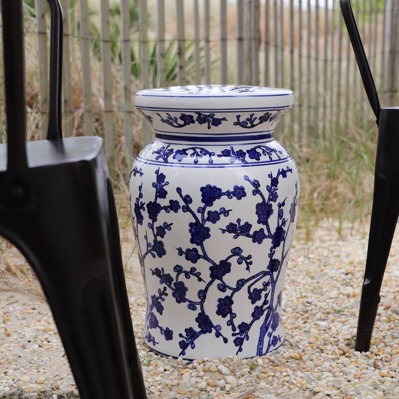 Euro Ceramica Blue Garden Porcelain 18" White Cherry Blossom Podium Stool - 12. 5 in. x 12.5 in. x 18 in.
