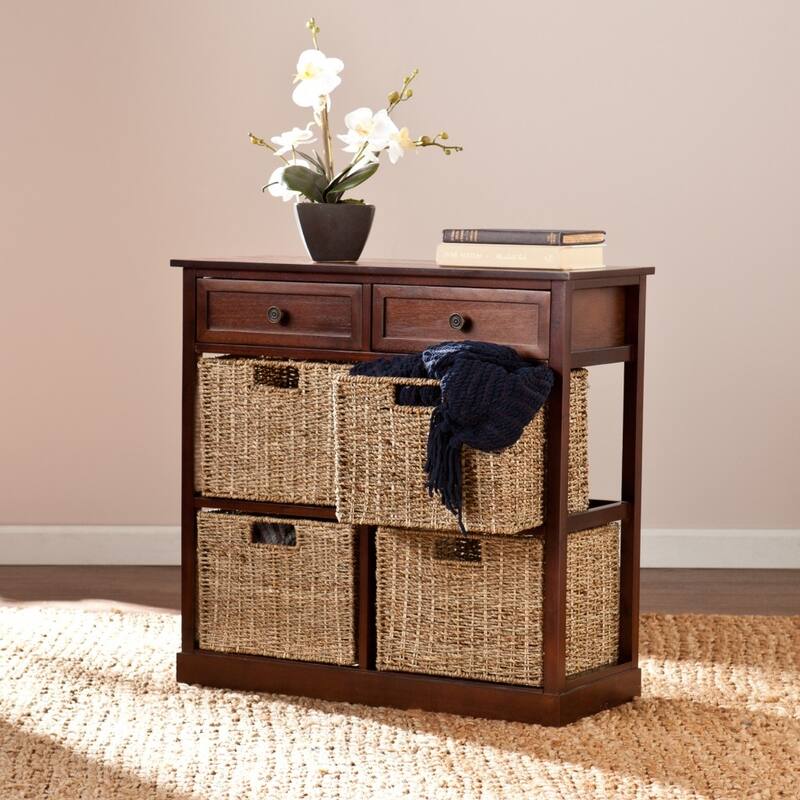 Mahogany and Seagrass Basket Storage Shelving Unit - Wood Finish - Brown