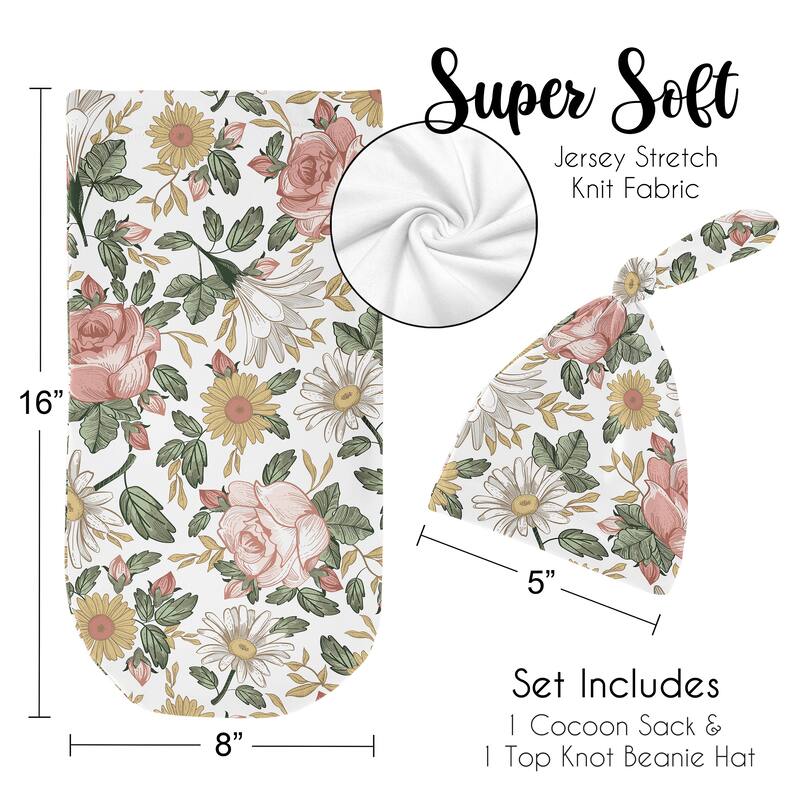 Vintage Floral Boho Collection Girl Baby Cocoon and Beanie Hat Sleep Sack - 2pc Set - Pink Green Shabby Chic Flower Farmhouse
