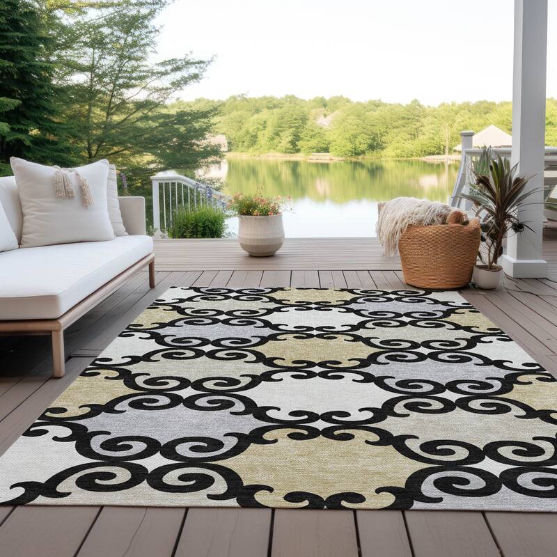 Machine Washable Indoor/ Outdoor Chantille Traditional Scroll Rug - Black - 8' x 10'