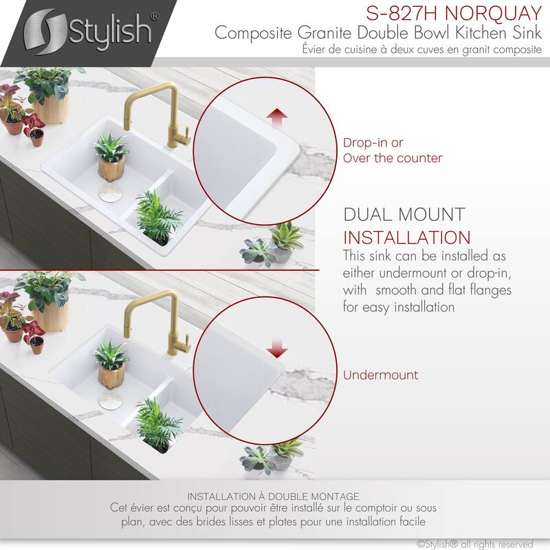 Dual mount 27" Composite Granite Double-Bowl Kitchen Sink S-827