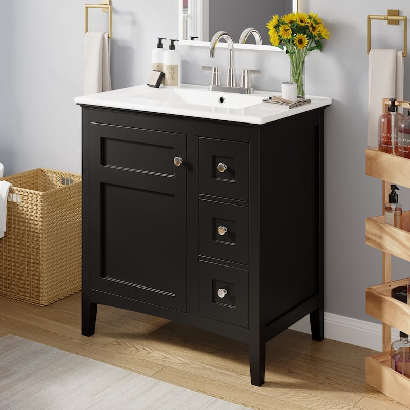 30'' Freestanding Bathroom Vanity in Black with White Integrated Ceramic Sink - 30'' x 18.3'' x 33.7''