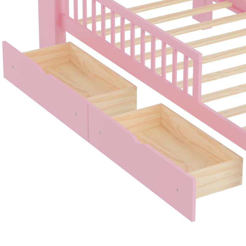 Twin Wood Storage Bed with 3-Side Guardrails, Underbed Drawers & Headboard Storage