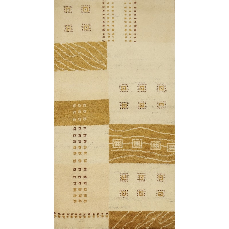 Hand Knotted Oriental 100% Wool Carpet Modern Geometric Beige & Ivories Gabbeh Area Rug - 4' 5'' X 2' 3''