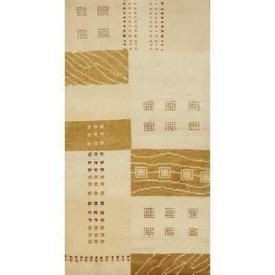 Hand Knotted Oriental 100% Wool Carpet Modern Geometric Beige & Ivories Gabbeh Area Rug - 4' 5'' X 2' 3''