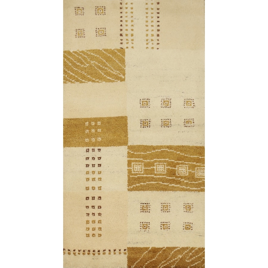 Hand Knotted Oriental 100% Wool Carpet Modern Geometric Beige & Ivories Gabbeh Area Rug - 4' 5'' X 2' 3''