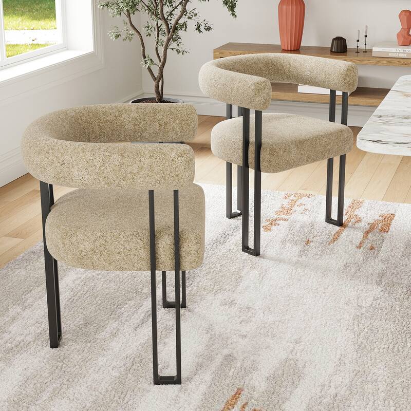 Set of 2 Upholstered Dining Arm Chairs, Bouclé Fabric Accent Chairs with Metal Frame, with Cushioned Seat & Back - khaki