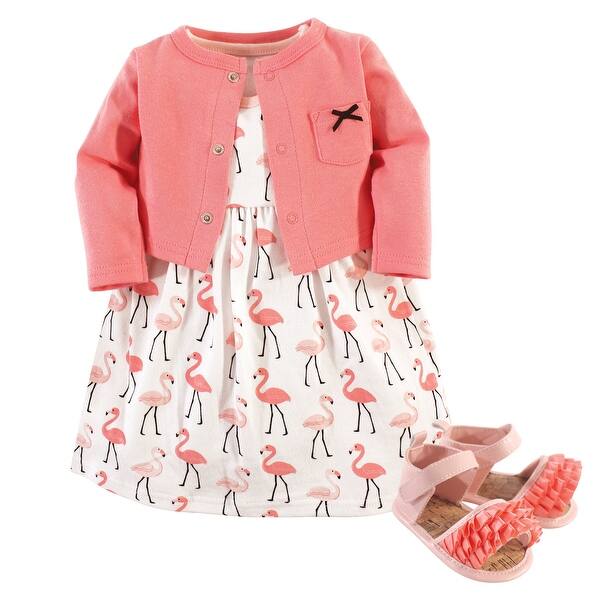 slide 1 of 1, Hudson Baby Infant Girl Cotton Dress, Cardigan and Shoe 3pc Set, Flamingos 0-3 Months - Flamingos