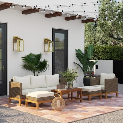 5 PCS PE Rattan Conversation, Patio Furniture Set with Cushions