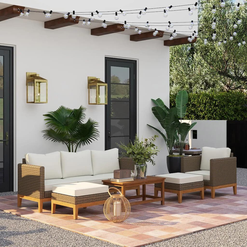 5 PCS PE Rattan Conversation, Patio Furniture Set with Cushions