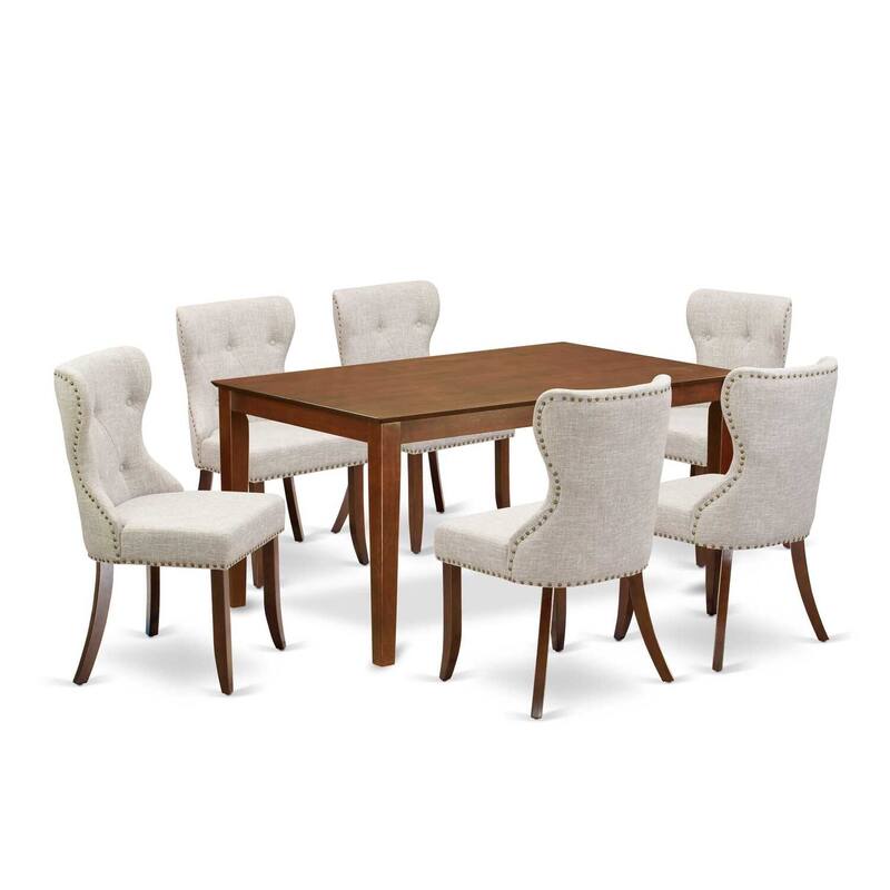 HomeStock 7-Piece Mahogany Finish Solid Wood Top Dining Table with 6 Parson Chairs with Lattice Back