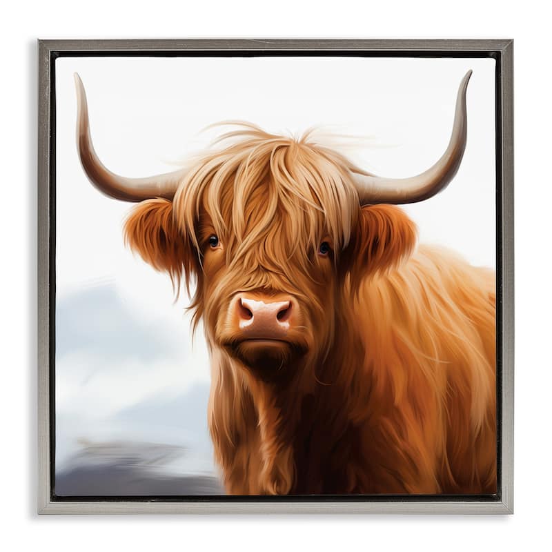 Stupell Long Horn Highland Cow Portrait Framed Floater Canvas Wall Art Design By Heidi Kuntz - 18 x 18 - Grey