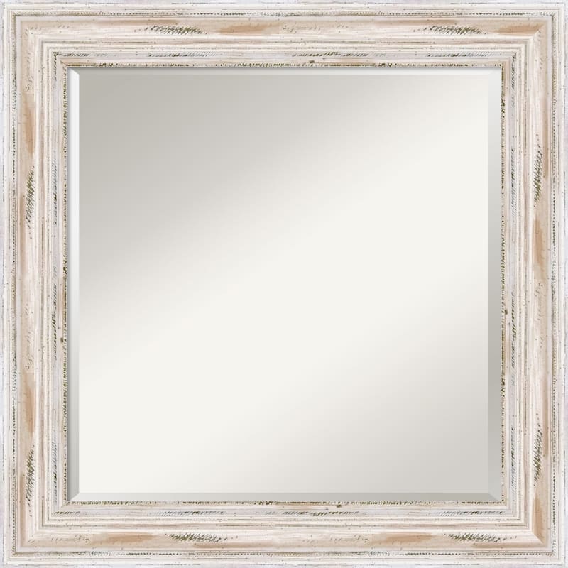 Beveled Wood Bathroom Wall Mirror - Alexandria White Wash Frame - Outer Size: 25 x 25 in