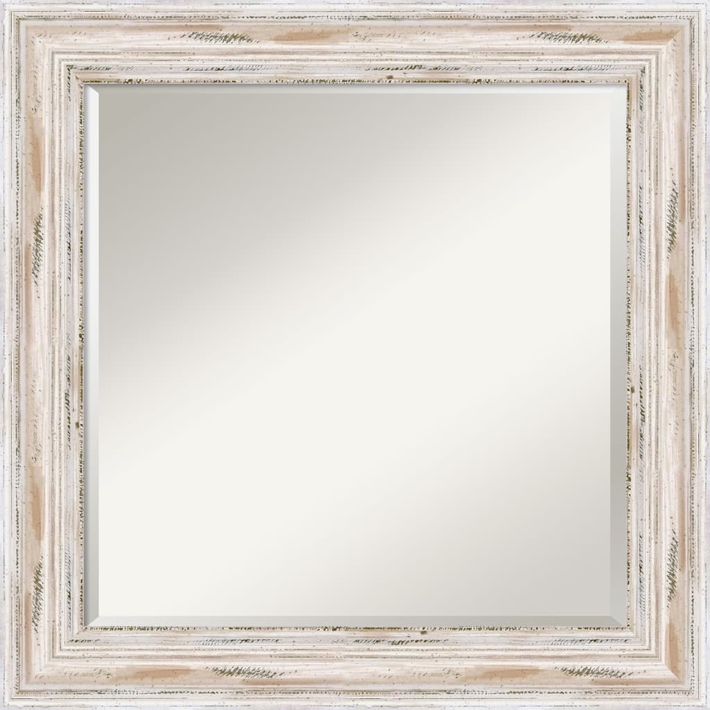 Beveled Wood Bathroom Wall Mirror - Alexandria White Wash Frame - Outer Size: 25 x 25 in