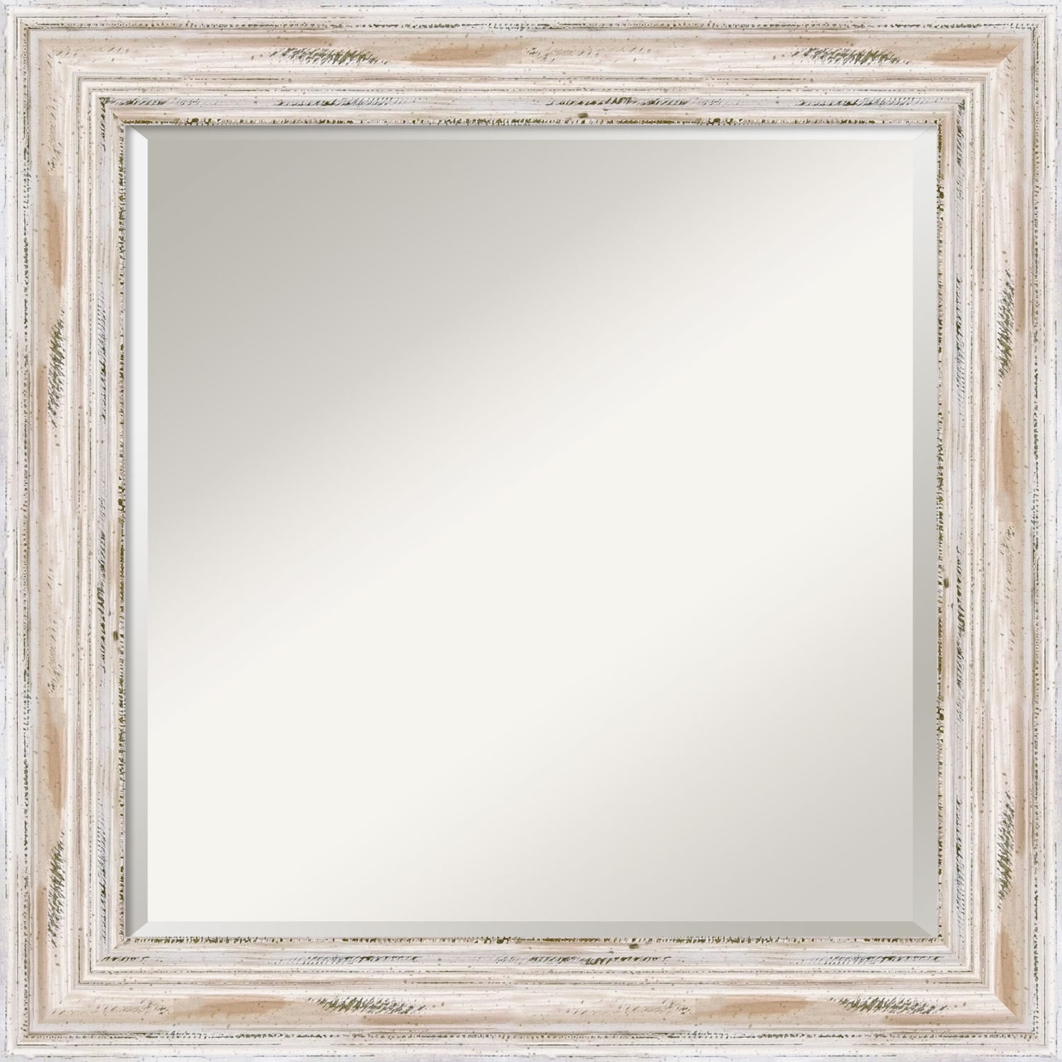 Beveled Wood Bathroom Wall Mirror - Alexandria White Wash Frame - Outer Size: 25 x 25 in