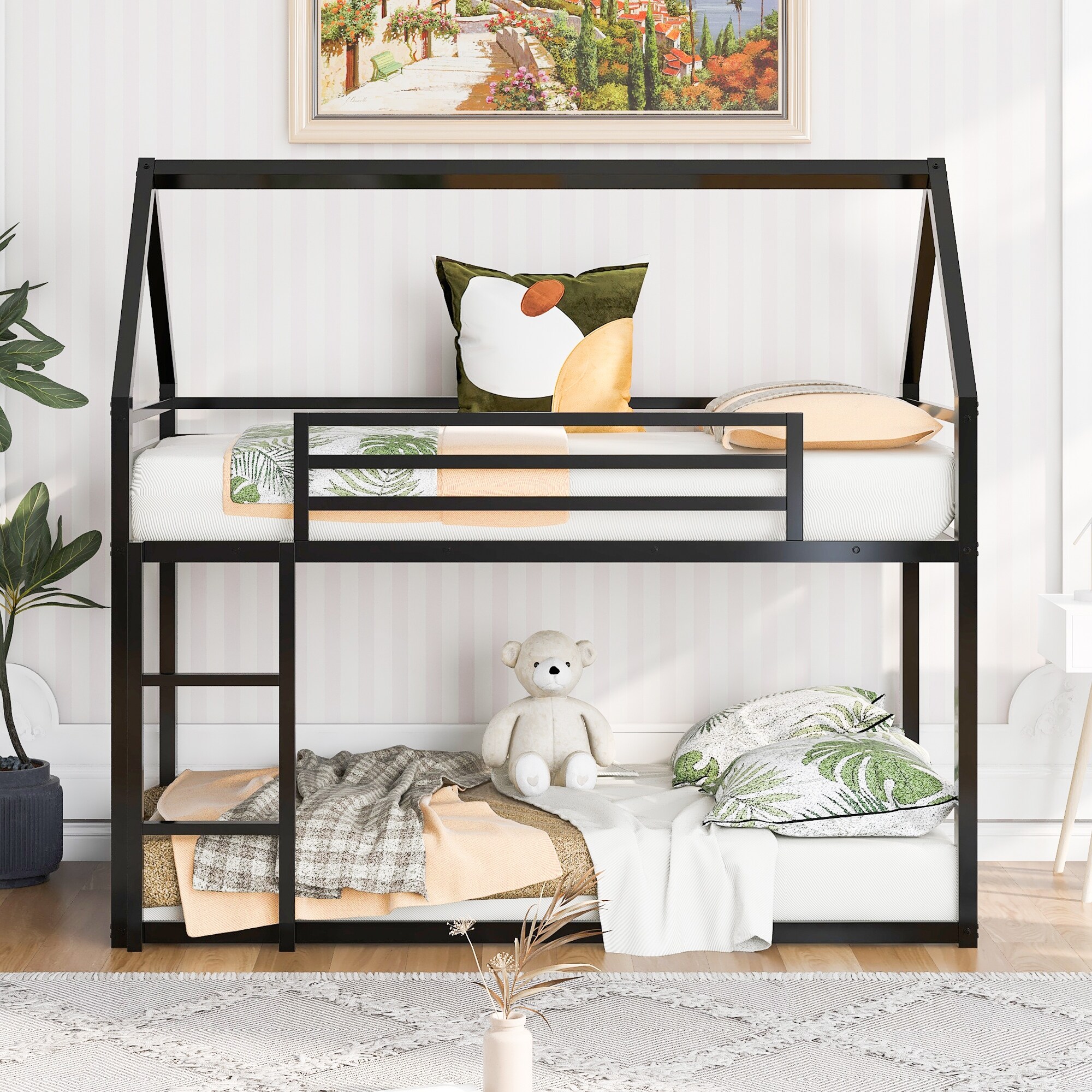 FCH Twin Over Twin Metal Bunk Bed Frame With Ladder - Heavy Duty, Space-Saving, Black