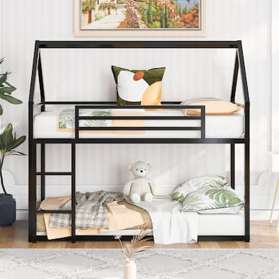 Twin over Twin House Bunk Bed with Built-in Ladder House Shaped Metal Floor Bunk Beds w/Length Guardrail, No Box Spring Needed