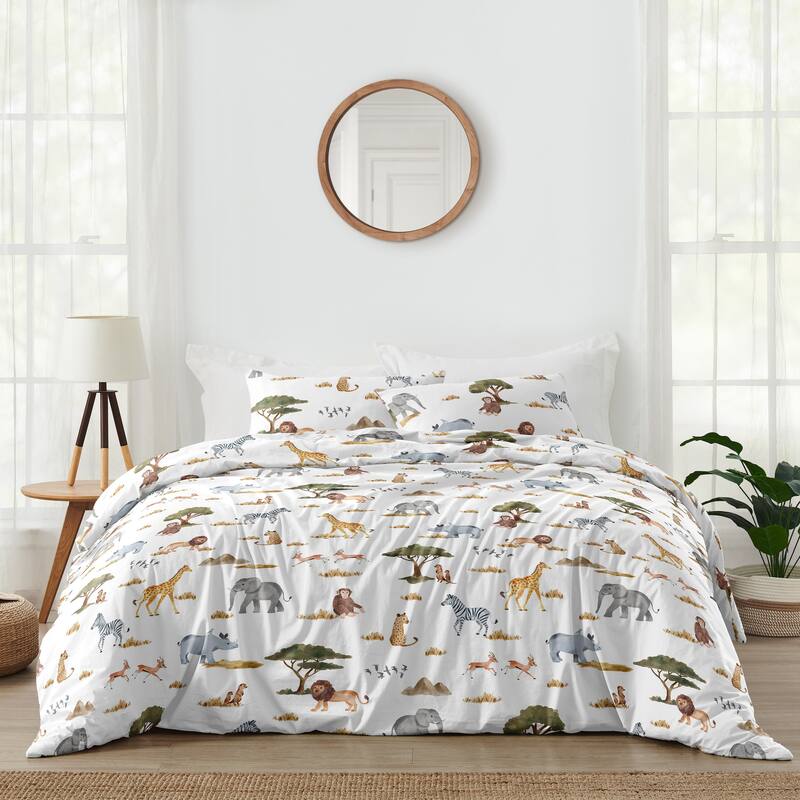 Jungle Animals 3pc Full/Queen Comforter Set Hunter Green Grey Black and White Safari Animal Elephant Giraffe Lion Monkey Leopard
