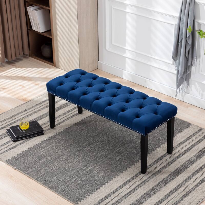 Blue Piano Bench Ottoman Leisure Bench with Wood Legs, Simple Window Bench Accent Bench Corridor Bench