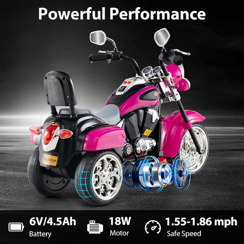 6V Powered Toddler 3-Wheel Motorbike Ride On Toy with Horn and Headlight - 36" x 19" x 25" (L x W x H)