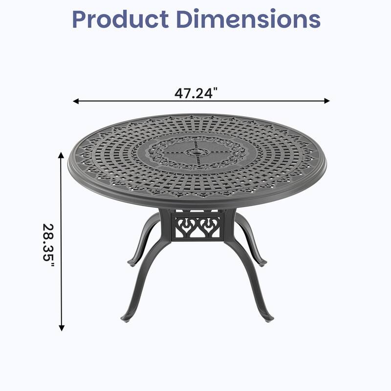 47.24 inch Black Round Cast Aluminum Patio Table with Umbrella Hole