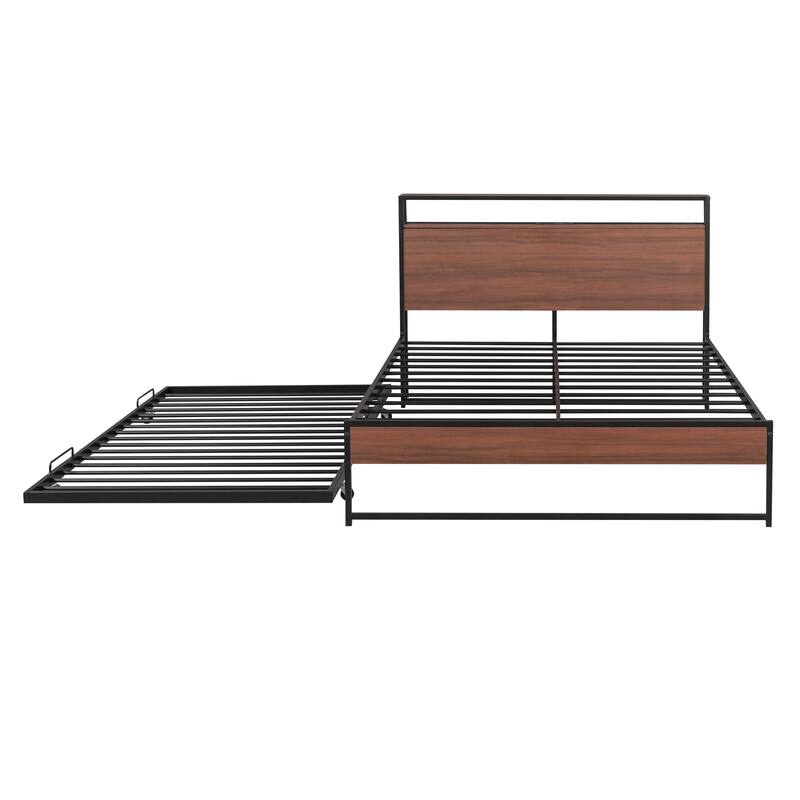 Full Size Metal Platform Bed Frame with Trundle, USB Ports, Slat Support, No Box Spring Needed, Black