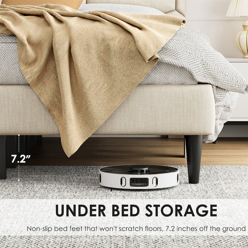 Full/Queen Linen Bed Frame with Storage Headboard,No Noise