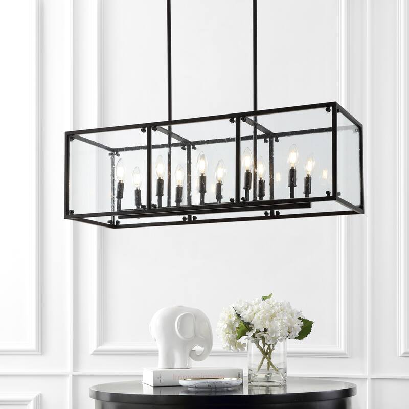 Atelier 35" Linear 10-Light Adjustable Iron/Seeded Glass Rustic Farmhouse LED Pendant, Oil Rubbed Bronze by JONATHAN Y