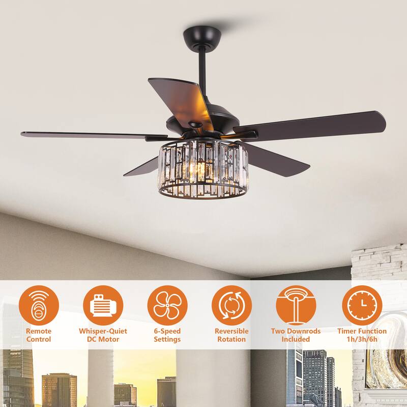 52" Black Wood Modern Crystal Indoor Ceiling Fan Chandelier with Remote