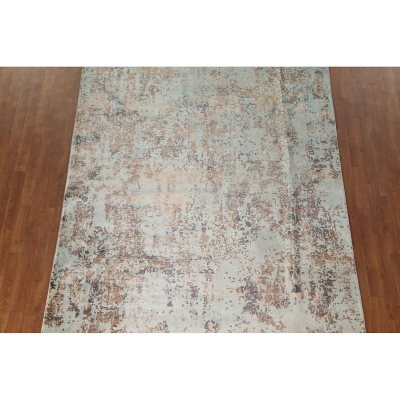 Green Abstract Area Rug Handmade Oriental Wool Carpet - 6'7" x 9'10"