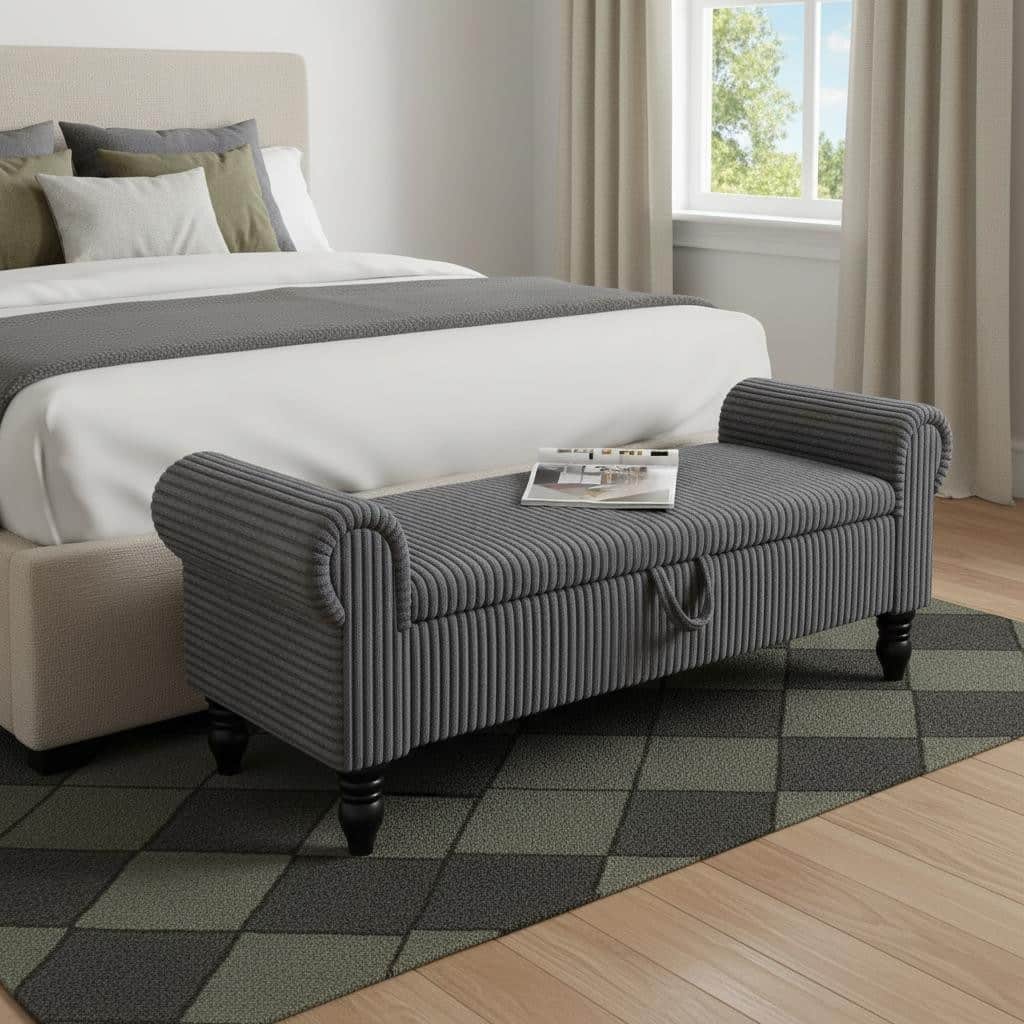 HomeRoots 55" Dark Gray Corduroy and Solid Wood Upholstered Storage Bench With Flip Top - 55.00 in. x 20.00 in. x 17.00 in.