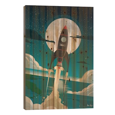Rocket To The Moon Print On Wood by IdeaStorm Studios - Multi-Color