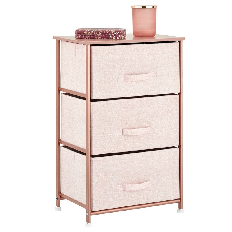 Steel Top and Frame Storage Dresser Tower Unit with 3 Removable Fabric Drawers - Light Pink/Rose Gold