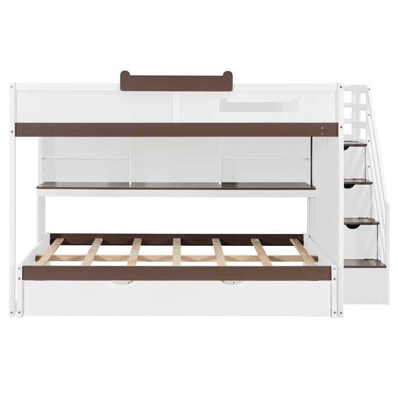 Full Over Full Bunk Bed with Twin Trundle, Staircase, Shelves & LED Lighting