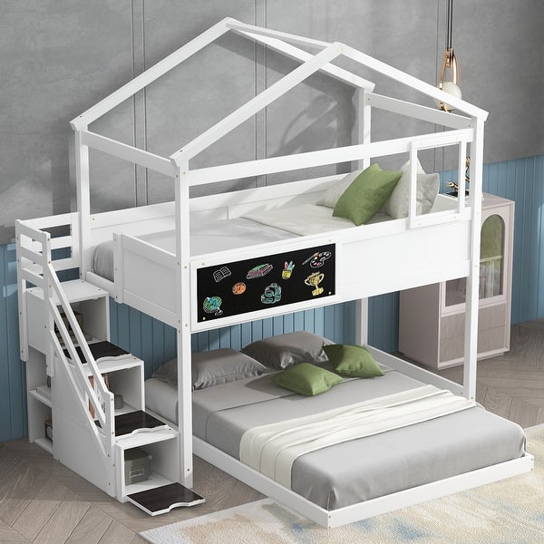 slide 2 of 17, Twin Over Full House Bunk Bed with Storage Staircase, Blackboard, and Roof Design, White—Fun, Safe, and Space-Saving White