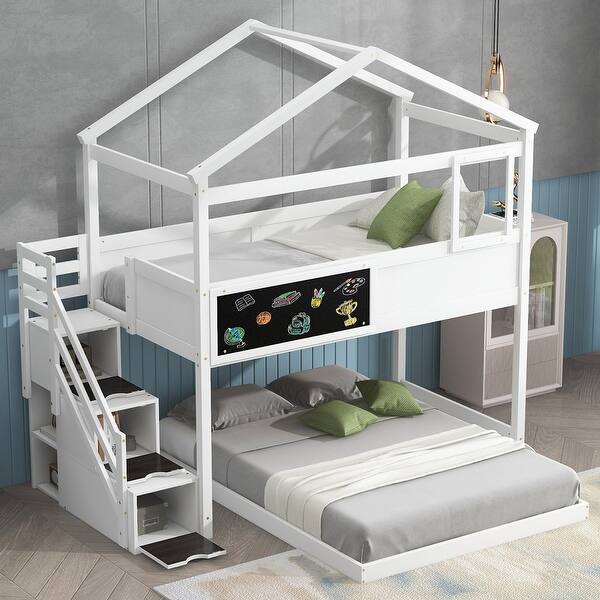 slide 2 of 38, Twin over Full House Bunk Bed with Blackboard and Suitcase
