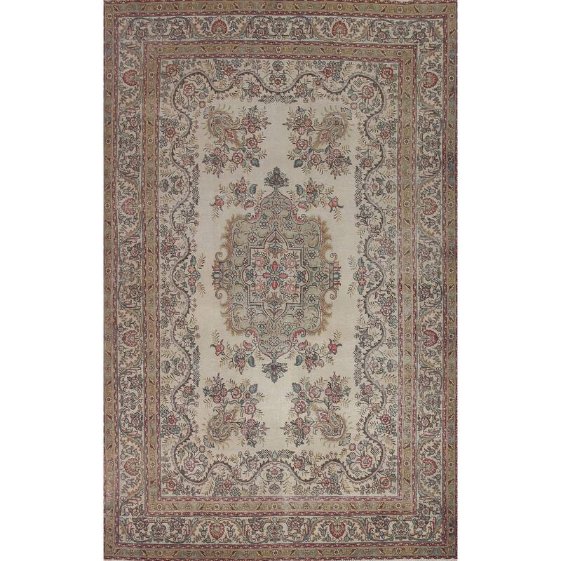 Hand Knotted Oriental 100% Wool Carpet Traditional Medallion Beige & Ivories Tabriz Area Rug - 11' 7'' X 8' 3''