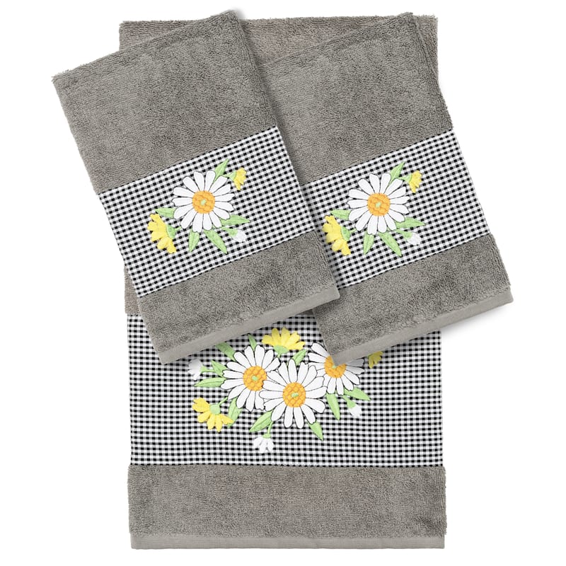 Authentic Hotel and Spa 100% Turkish Cotton Daisy 3PC Embellished Towel Set - Dark Gray
