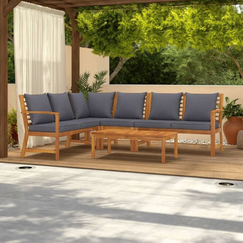 Roma 5pc Outdoor Modular Sofa and Chair Set, Brown Wood Coffee Table