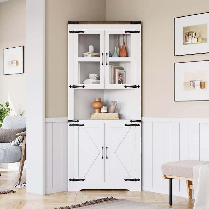 Farmhouse Corner Cabinet, Tall Corner Storage Cabinet with Barn Door & Adjustable Shelves - White