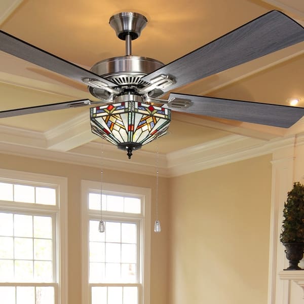 slide 2 of 12, Copper Grove Cumana 52-inch Mission Stained Glass Hexagonal LED Ceiling Fan - 52"L x 52"W x 20"H - 52"L x 52"W x 20"H Pull Chain/Hardwired