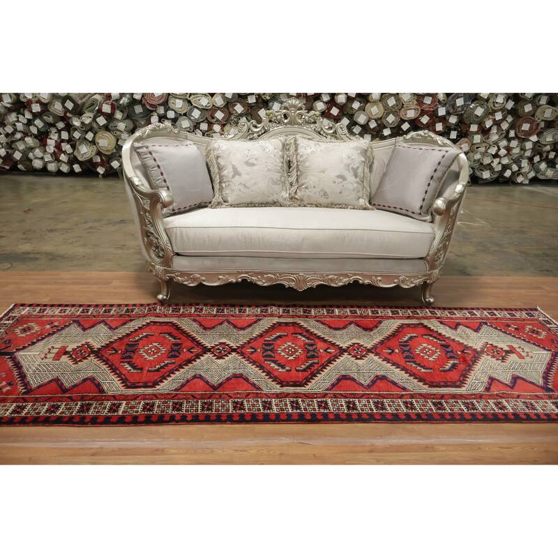 Hand Knotted Oriental 100% Wool Carpet Traditional Tribal Red Ardebil Runner Rug - 10' 6'' X 3' 8''