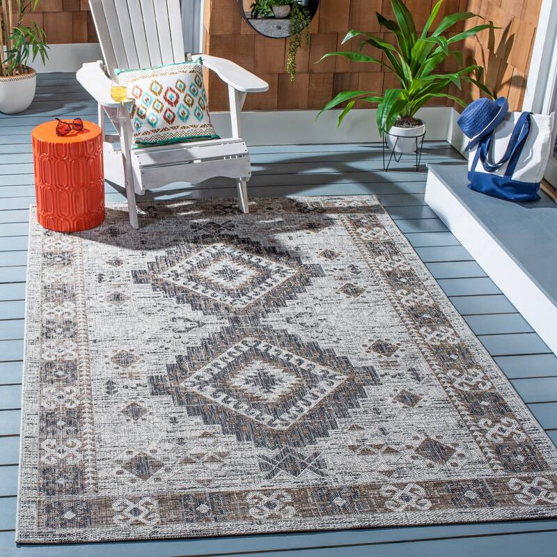 SAFAVIEH Courtyard Adrielle Outdoor Waterproof Patio Backyard Rug - 5'3" x 7'7" - Light Grey/Light Beige