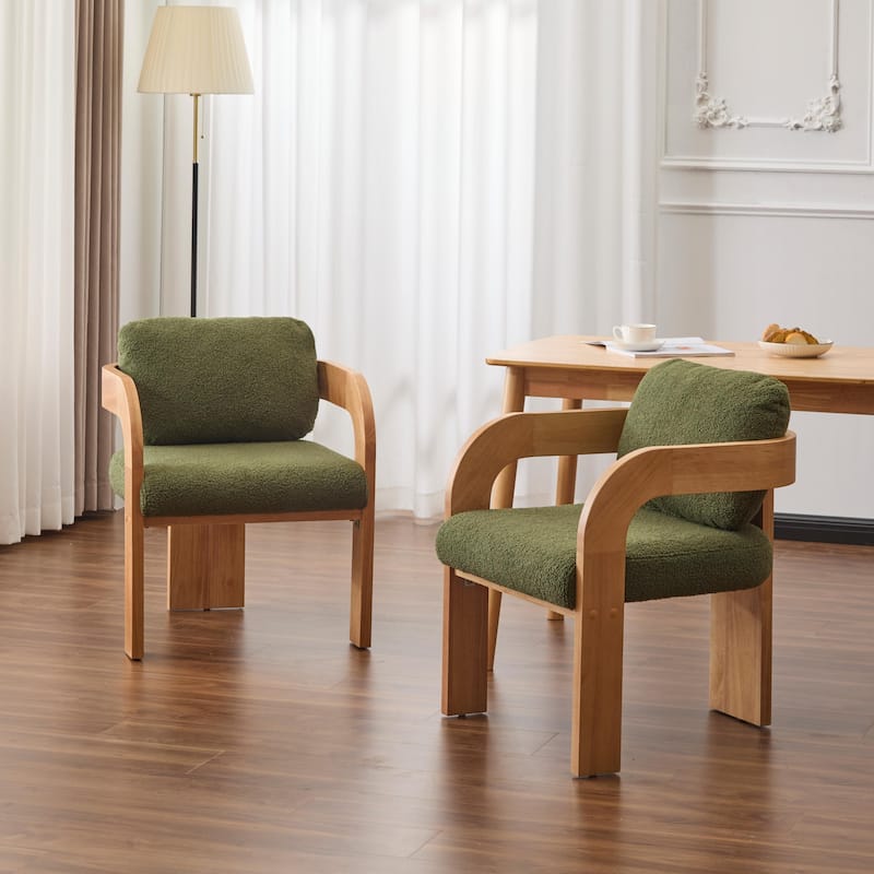 2-Pack Dining Chairs - Fabric with Pillow Back, Solid Wood Frame - Green+Natural