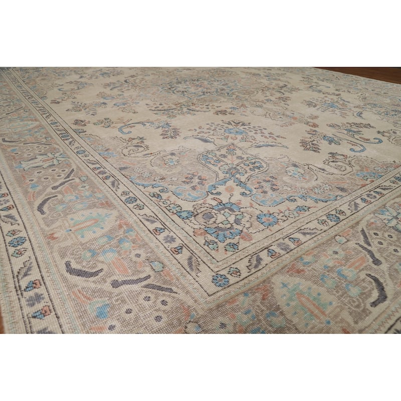 Floral Tabriz Persian Area Rug Handmade Traditional Beige Wool Carpet - 9'9"x 12'8"