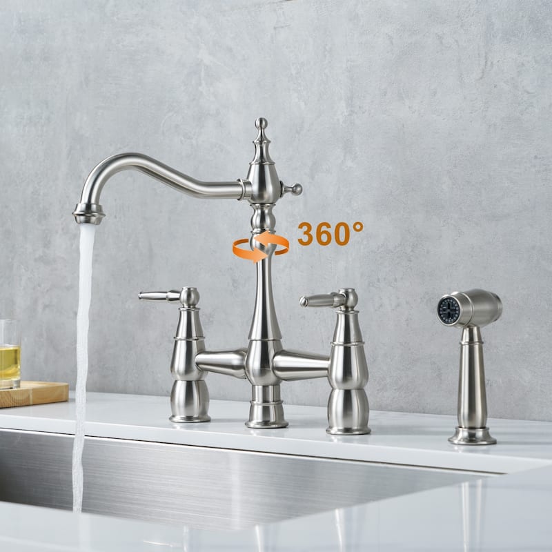 WOWOW 4 Hole Double Handle Bridge Kitchen Faucet with Side Sprayer