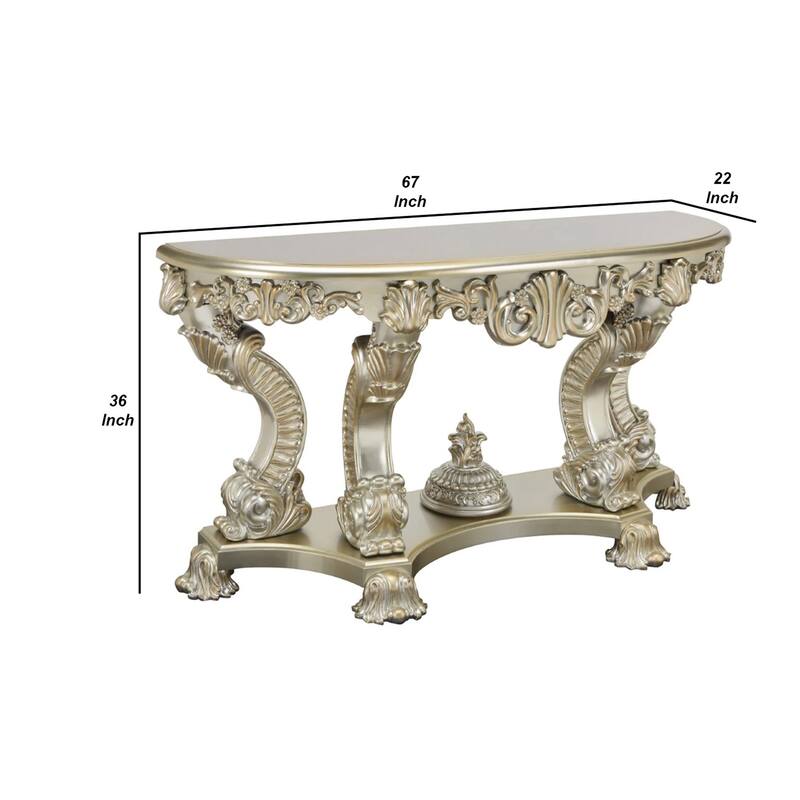 Esen 67 Inch Crescent Sofa Table Sideboard Console, Carvings, Antique Gold