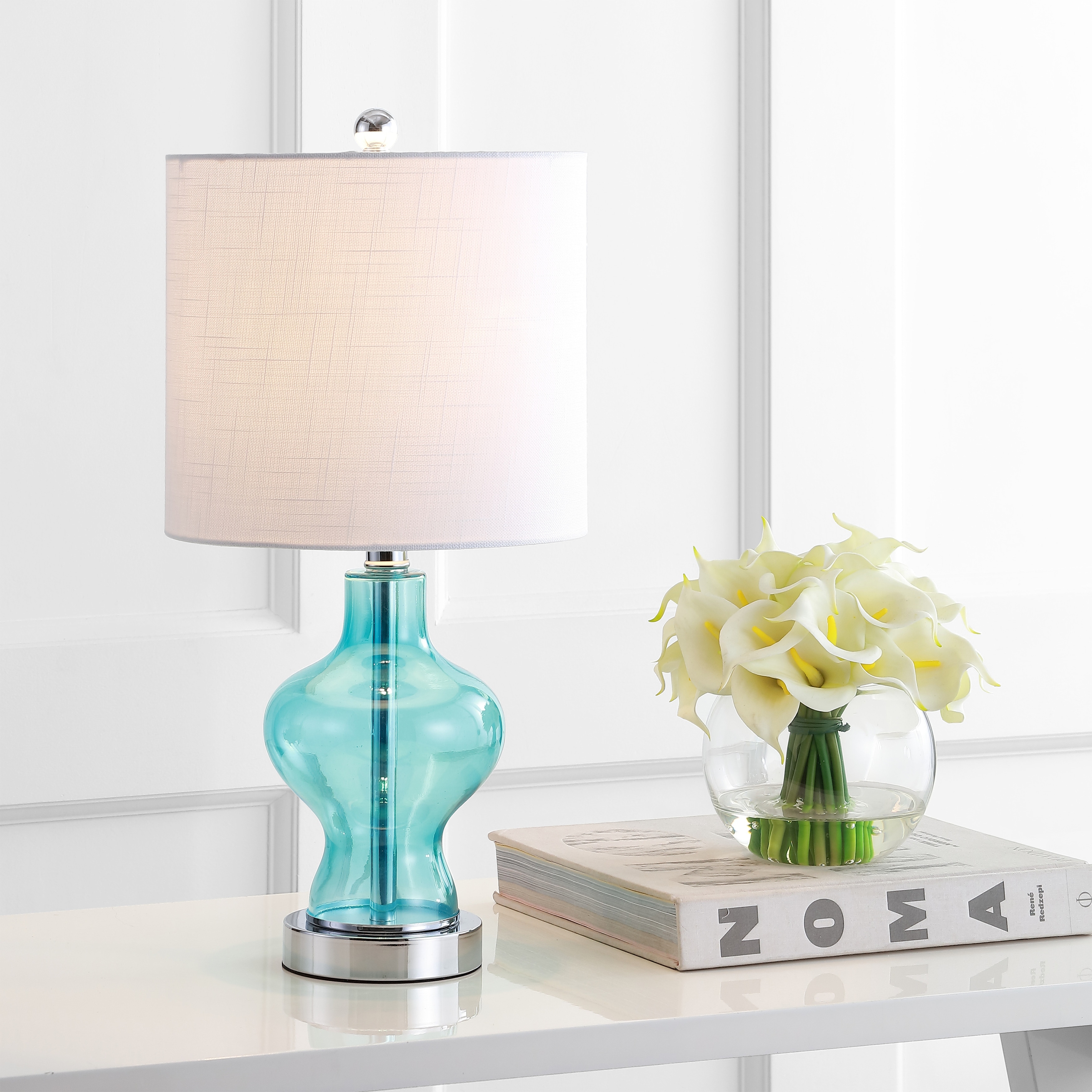 JONATHAN Y Guardian 20.5" Glass/Metal LED Table Lamp, Aqua